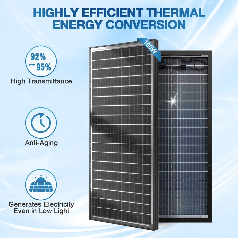 Werchtay 100W 200W 300W 400W 500-1000W Bifacial Solar Panel 12V Mono Home Power - Image 2 of 4