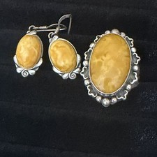 Substantial DTR Sterling Silver Baltic Butterscotch Amber Ring Sz 8- 13.5g Set