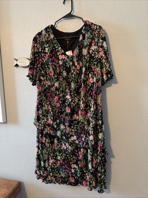 Connected Apparel 18W Black Multicolor Floral Asymmetrical Layer Dress Crepe NWT