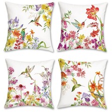 Spring Floral Birds Throw Pillow Covers 18 x 18 Inch Hummingbird Flowers Deco...