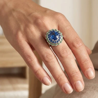 Bagues en argent sterling 925 et or blanc étonnantes ovales saphir bleu vif 5 ct - Photo 1/4