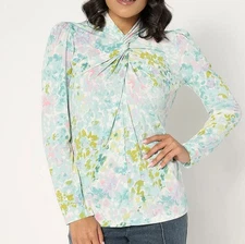 Susan Graver Size 2X Mint/Blush Printed Liquid Knit Twist Front Mock-Neck Top