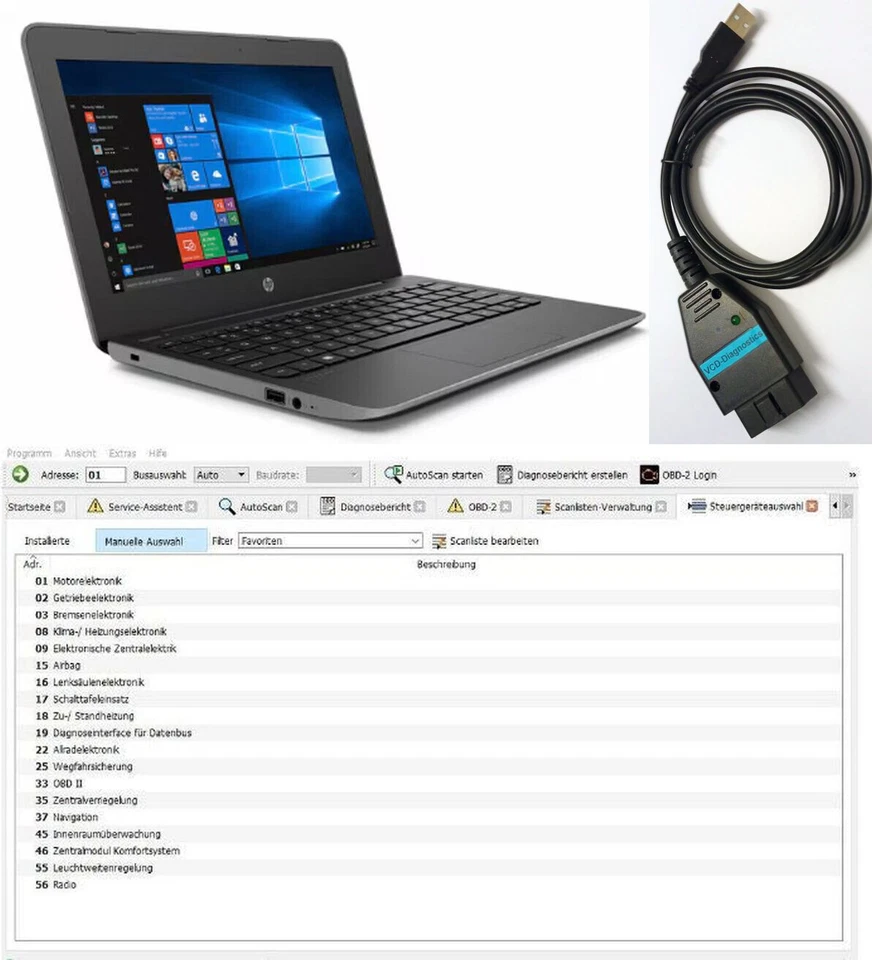 CARPORT Dispositivo diagnostico VCD + netbook 11 pollici diagnostica profonda adatto per VAG 1990 - 2024