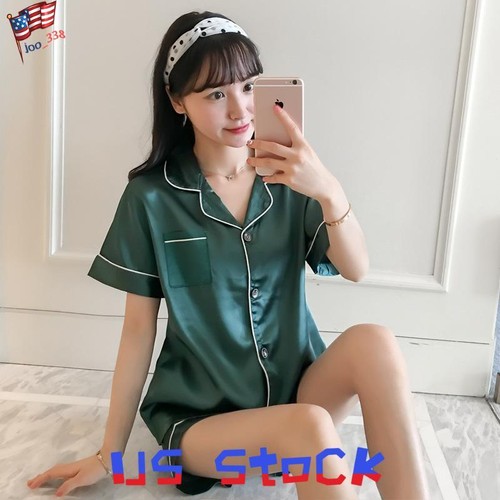 Women Satin Silk Pyjamas PJs Set Ladies Short Sleeve Button Nightwear Sleepwear - Picture 22 of 27