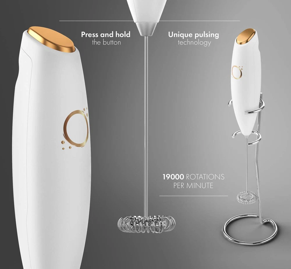 Milk Frother White - Coffee Frother Handheld with Electric Whisk - 19000 rpm ...