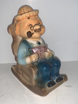 Vintage Kato Kogei OLD MAN Grandpa in Rocking Chair RETIREMENT Coin Bank Japan
