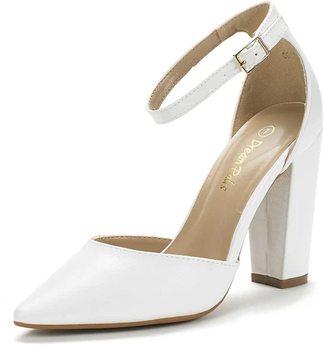 Women Chunky Block Heel Pump Shoes Ankle Strap Pointed Toe Wedding Dress Shoes - Picture 1 of 24