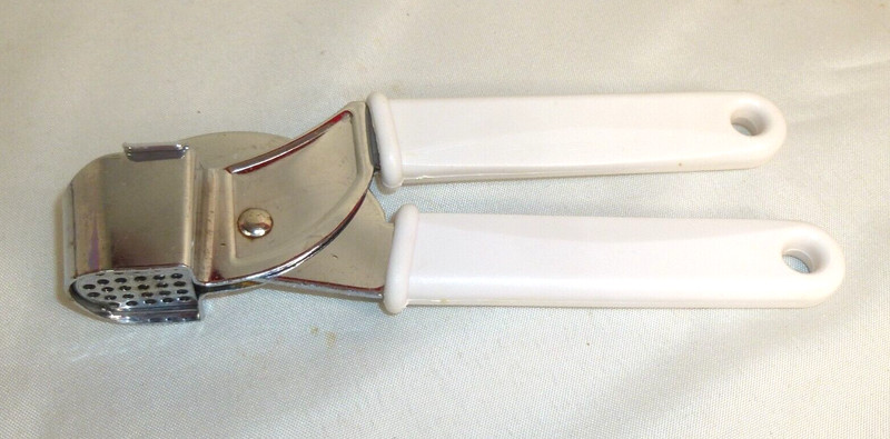 Garlic Press Hand Held Stainless Steel White Plastic Handle Easy to use