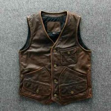 Men's Biker Vintage Tan Brown Real Leather Motorcycle Vest Jacket All Sizes 