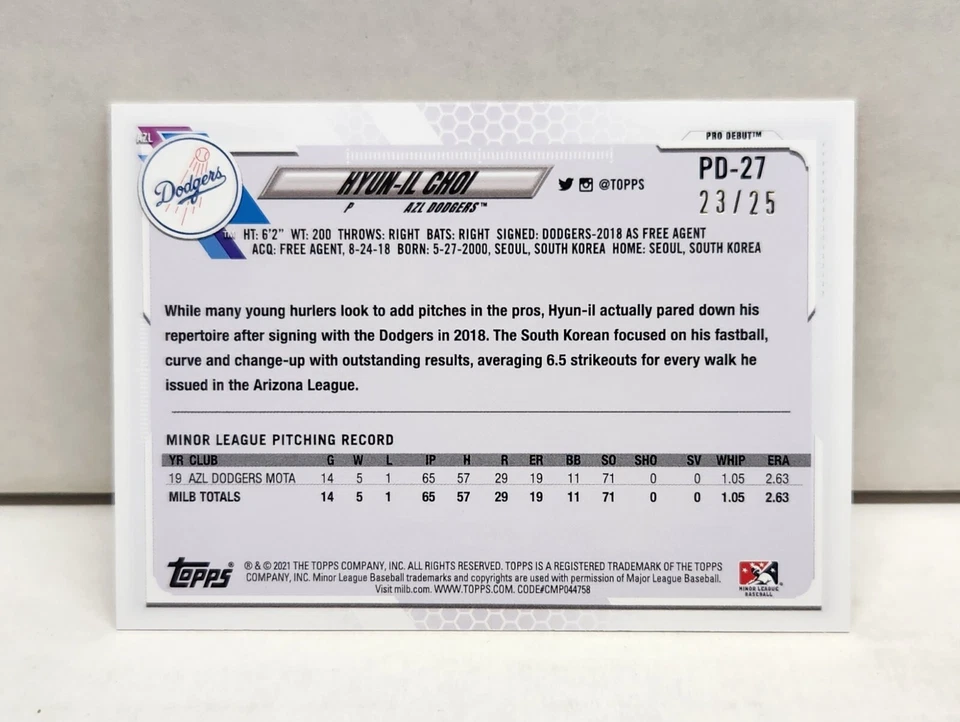 HYUN-IL CHOI 2021 Topps Pro Debut ORANGE ~ Dodgers ~ #'d /25 - Image 2 of 2