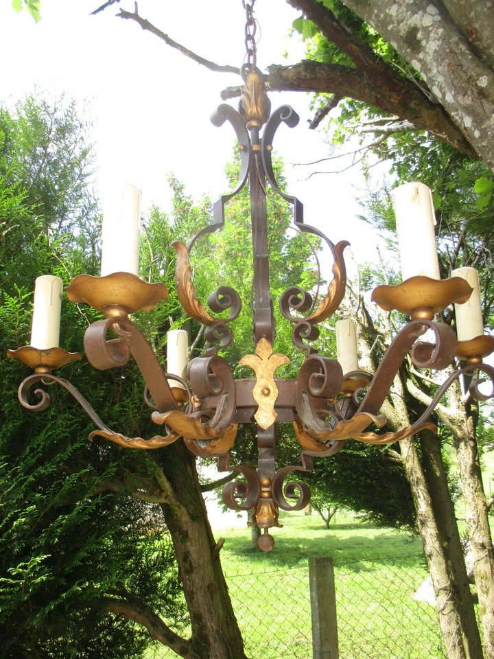 Lustre suspension ancien en fer forgé 6 bras de lumière - Photo 4/4