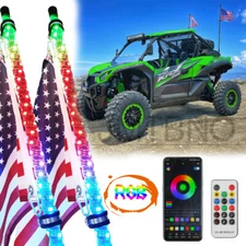 2Pc 2Ft Lighted Spiral LED Whip Antenna w/Flag & Remote for ATV Polaris RZR UTV
