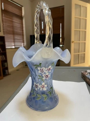 Fenton Cobalt Blue Opalescent Diamond Optic Basket Bill Fenton Signature