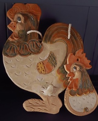 Pair Of 1970s Rooster Stoneware Pottery By Hindt. Wall Hanging With Hooks 12'' 7''