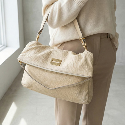 CELINE White Pebbled Leather Shoulder Bag Vintage Medium Designer Luxury