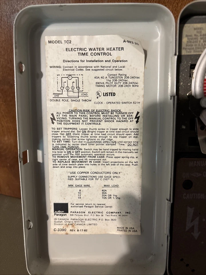 NOS PARAGON ELECTRIC WATER HEATER TIME CONTROL, Model TC-2 Complete Part 902151 - Image 3 of 4