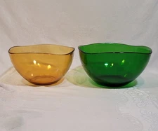 2 Large Vereco France Amber & Green Glass Serving Mixing Bowls 10" 9" Nesting