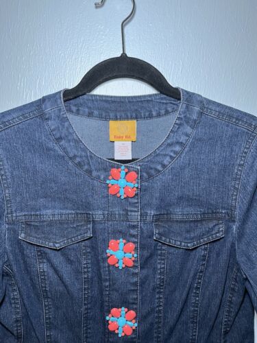 RUBY RD. WOMENS BLUE DENIM JACKET BOHO CHUNKY CORAL & TURQUOISE BUTTONS. 10 - Picture 7 of 14