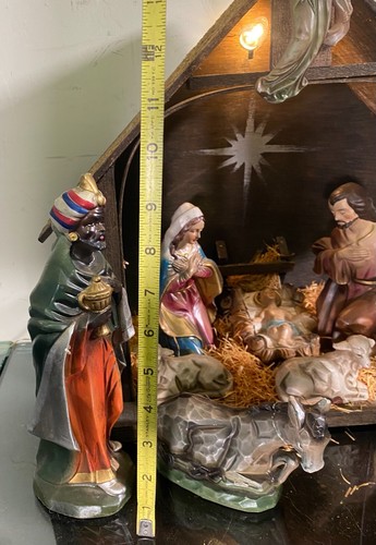 Presepe presepe vintage Giappone 12 pezzi dipinto a mano cartapesta illuminato set musicale - Foto 15 di 22