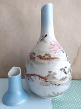 Early 20th century Japanese bottleneck vase | Duck egg blue foliage birds