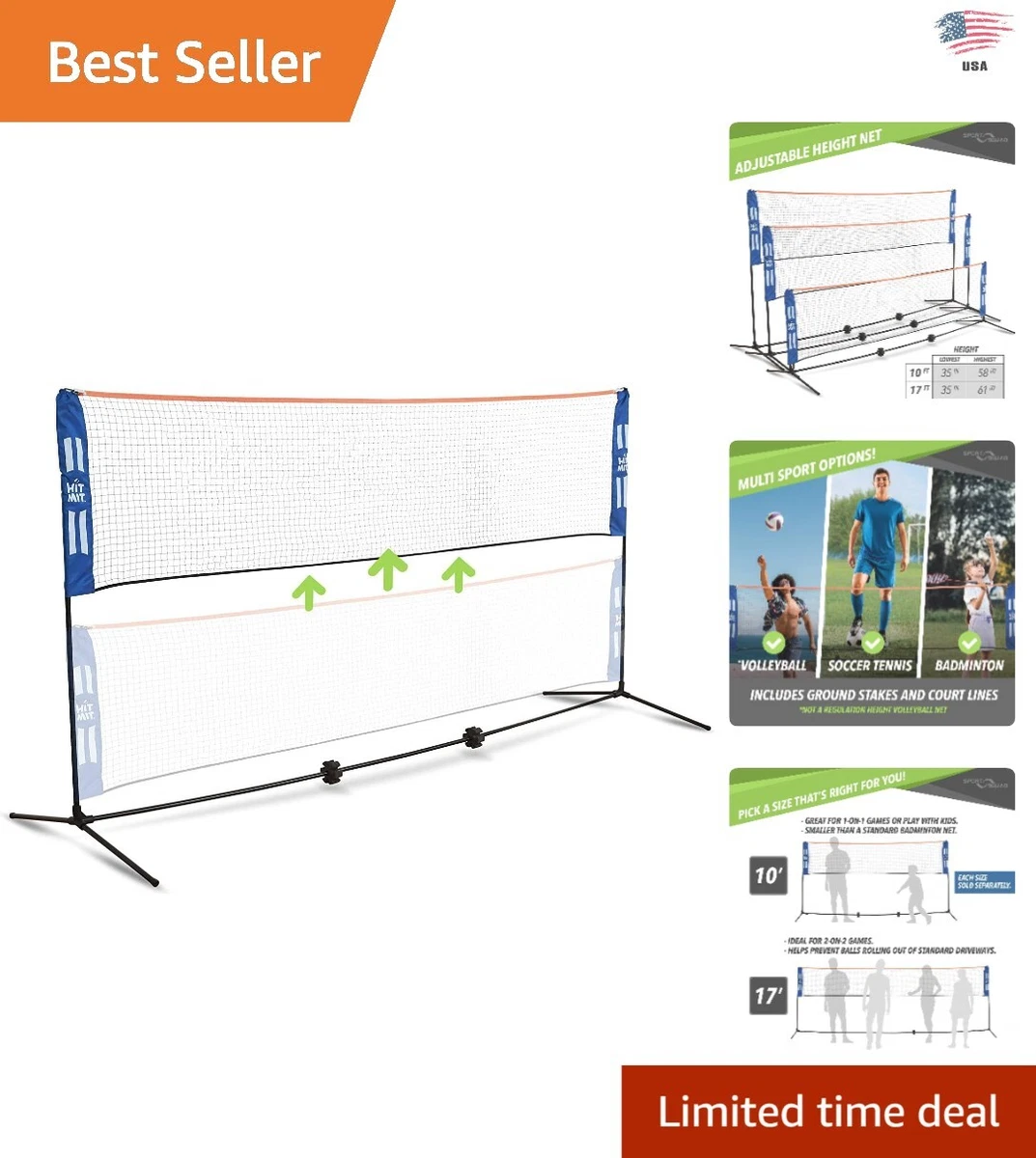 HIT MIT Adjustable Height Portable Badminton Net Set with Bonus