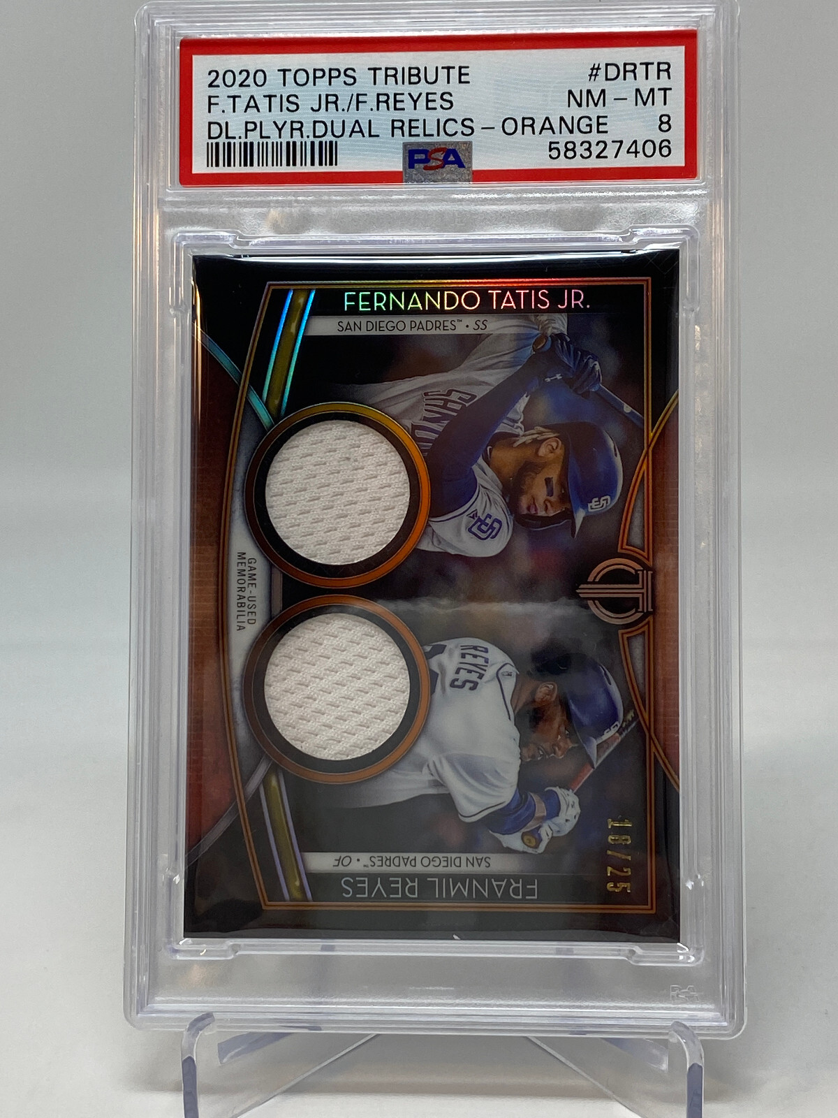 2020 Topps Tribute Dual Relic ORANGE Serial #18/25  Fernando Tatis Jr. PSA 8 view 7