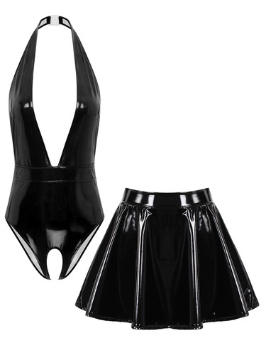 Damen Sexy Wetlook Body Outfits Oil Glänzend Lack Leder Dessous mit Faltenrock - Picture 14 of 44