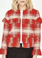 Zara Woman Red Tweed Boucle Blazer Jacket M 12 Uk Check Fringe Fantasy Blogger