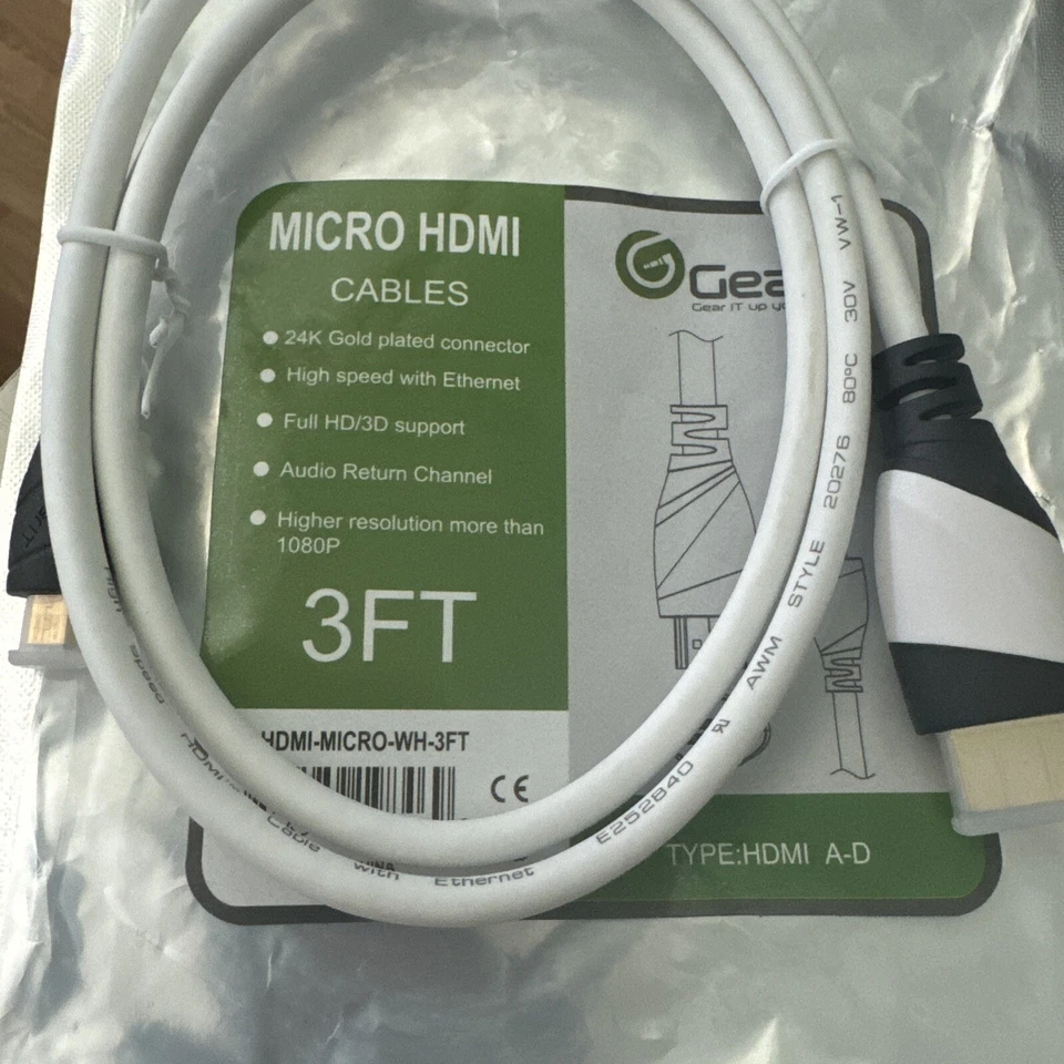 Gear IT GI Micro HDMI Cables 3ft Type A-D 1080P-Full HD/3D WH BRAND NEW - Image 3 of 4