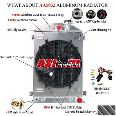 3 Row Radiator+Shroud Fan Relay Fit Ford Model A Hot Rod Chevy 350 V8 1930-1932
