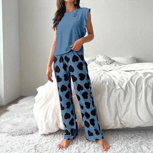 Damen Pyjama Set Kurzarm Oberteil & Herzmuster Hose Schlafanzug Nachtwäsche 2-teilig - Bild 7 von 23