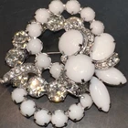 VINTAGE EISENBERG RHINESTONE AND MILK GLASS SILVER TONE BROOCH PIN