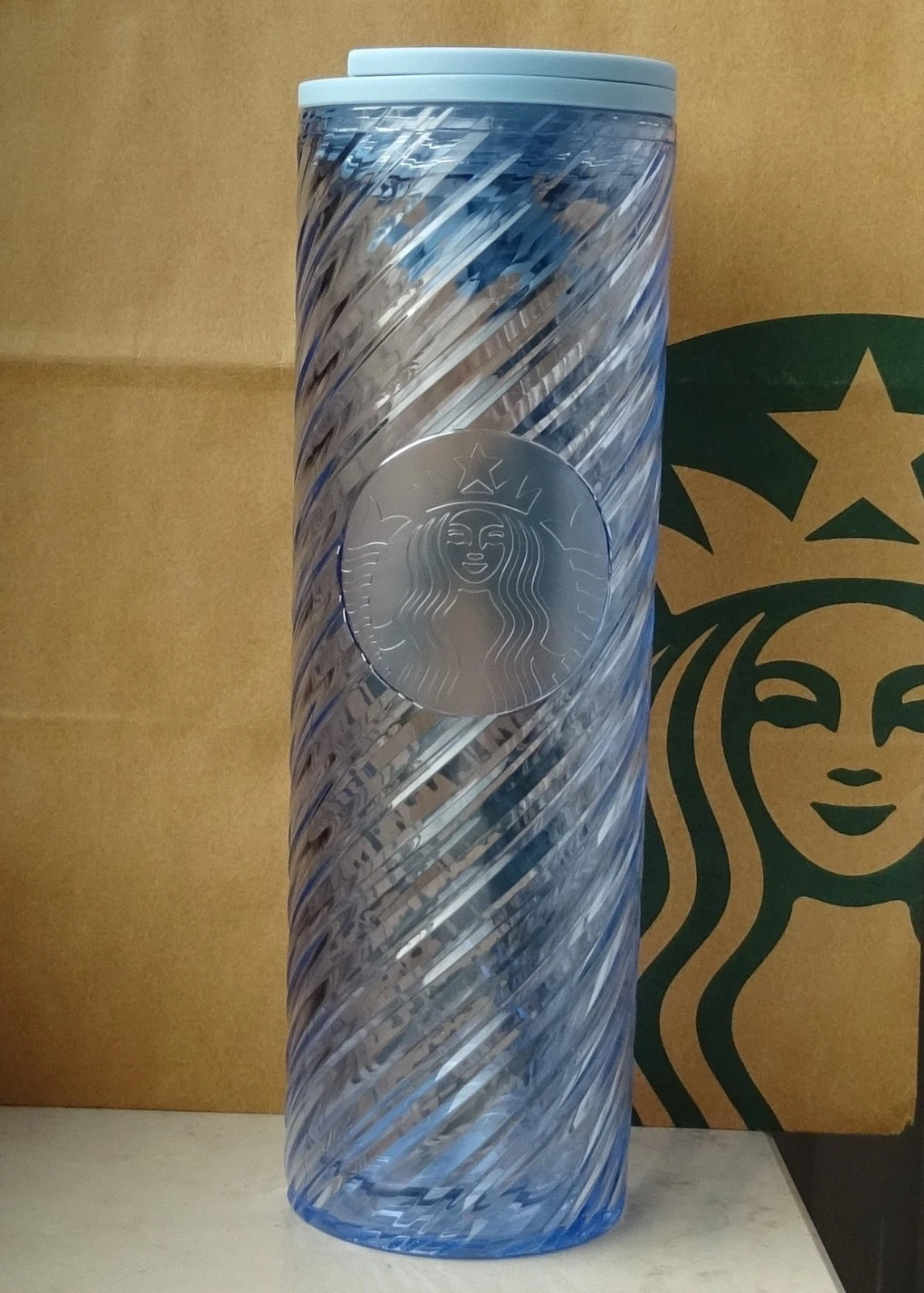 Starbucks Thermal Mug Swirl Light Blue Logo Laser 16oz 473ml NEW