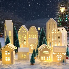 Chunful 20 Pack Christmas Village Houses Set White Winter Village with Light ...