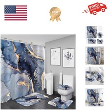 4 Pcs Blue Marble Shower Curtain Set Modern Abstract Bathroom Sets with Showe...