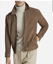 Reiss Suede Goat Leather “Lace” Zip Through Jacket In Mushroom Brown Men’s Small