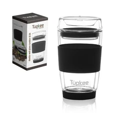 Tupkee Double Wall Glass Tumbler - 8-Ounce, All Glass Coffee Travel Mug & Lid