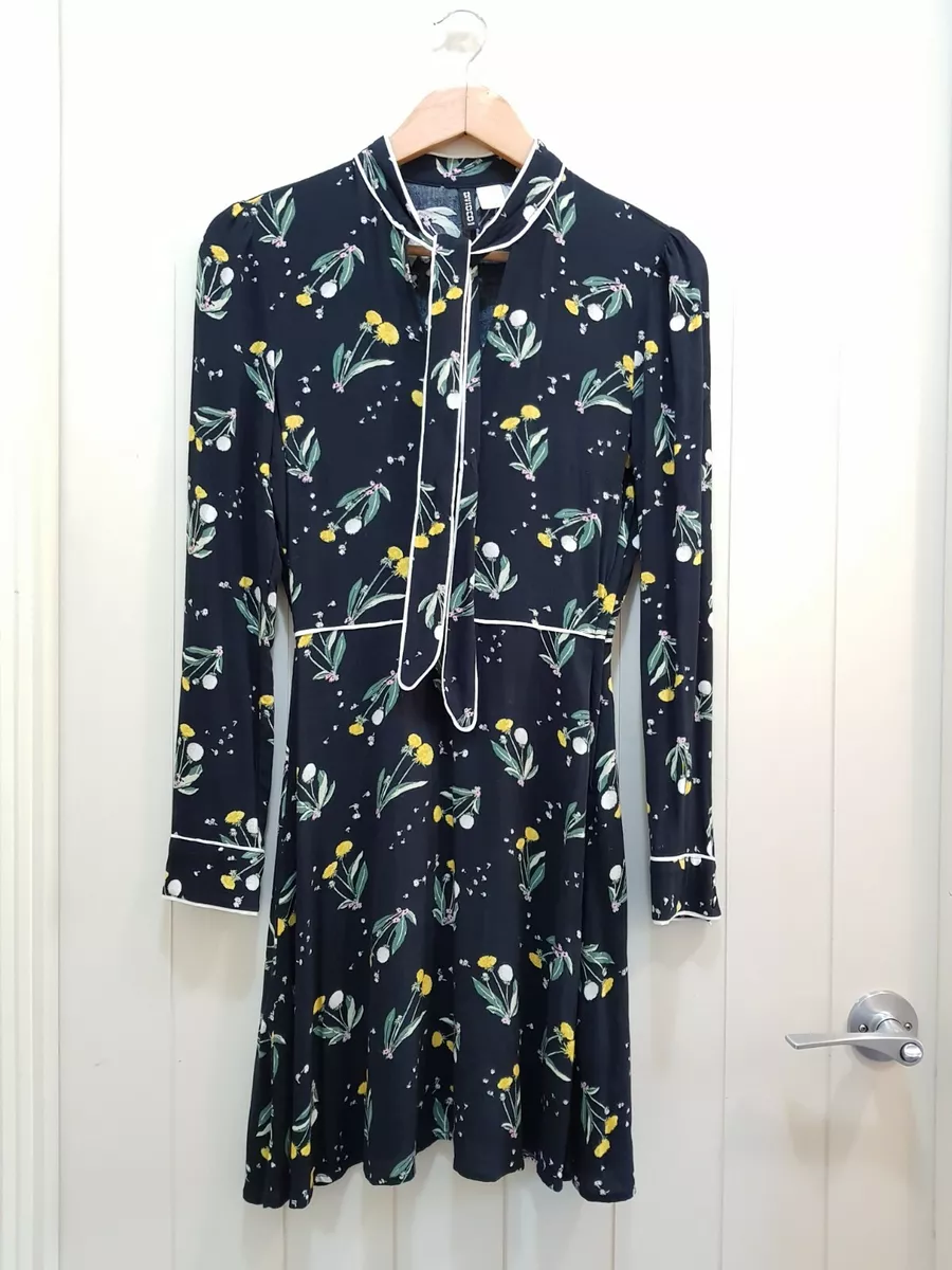 H M Divided Long Sleeve A Line Dress High Keyhole Tie Neck Black Floral Size 6