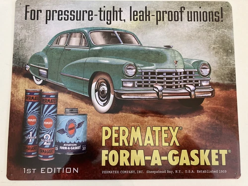 Permatex Vintage Style Tin Sign with 1940s Cadillac Sheepshead Bay NY Automotive