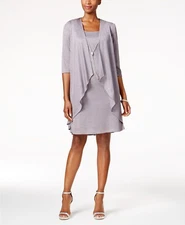 $220 R & M Richards Womens Gray Metallic Shift A-Line Draped Jacket Dress Size 6