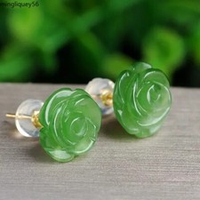 Natural Green Jade Rose Earrings Luxury Ear Studs Gemstone Gift Talisman Jewelry