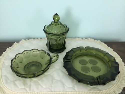 Fostoria Olive Green Coin Glass - Covered Candy Dish, Nappy Dish, Double Ashtray - Afbeelding 1 van 9