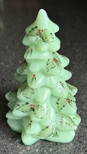 Mosser Glass Christmas Tree JADEITE Hand-Painted w/ Holly - 5.5" tall
