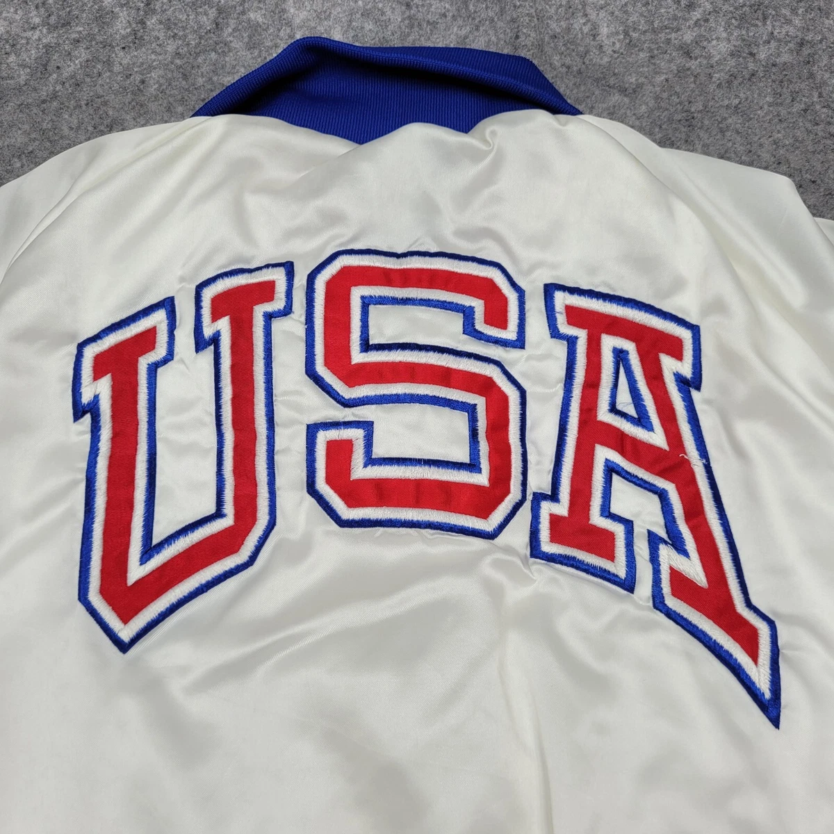 Vintage 1992 US Olympic Jacket Large 90s Snap-Button Satin Bomber USA Arch Logo