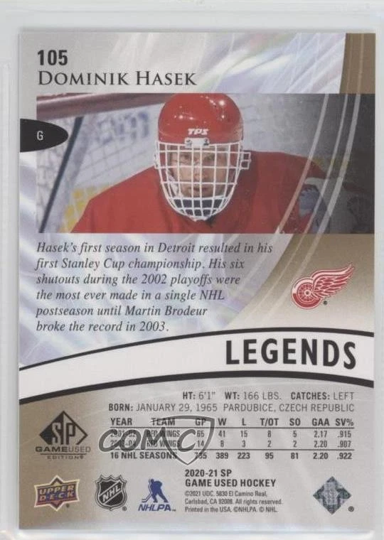 2020-21 Upper Deck SP Game Used Legends Golden Burst /235 Dominik Hasek #105 HOF - Image 2 of 2