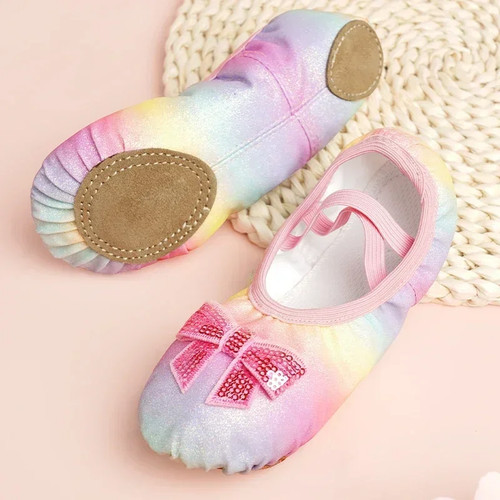 Kinder Tanzschuhe Mädchen Ballerinas Schuhe Regenbogen Schleife Pailletten Leder weich - Bild 15 von 25