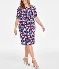 Kasper Women's Printed Gathered Sheath Dress Black Cerise Multi Plus Size 18W