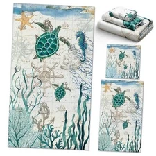  3 Pack Bathroom Towels Set Ocean Turtles Starfish Map Green, Blue Sea Turtle