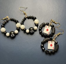 Beaded Dangle Black White 8-Ball and Ace Card Earring Set 2 Pair Set