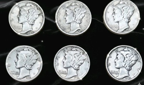 LOT Of 6-90% Silver Mercury Dimes 1916-1945  Fine .90